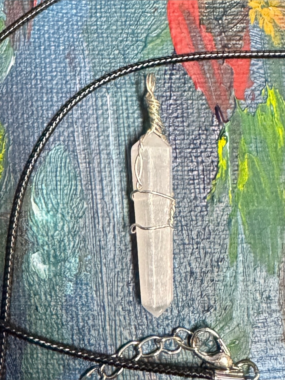 Selenite Pendant Necklace - Wire Wrapped with cord